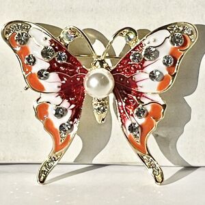 Rhinestone Butterfly Faux Pearl Brooch Pin 2” X 2” Gold Toned Fashion Statement